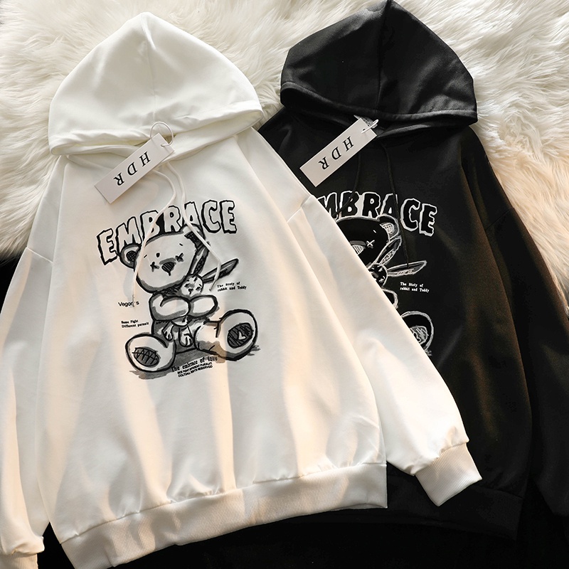 Áo Hoodie Tay Dài Form Rộng In Hình Gấu Dễ Phối Đồ