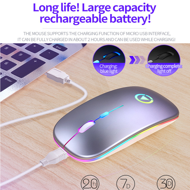 A2 Wireless Silent Mouse 2.4G Ultra Slim 1600DPI Optical Ergonomic RGB LED Backlit Rechargeable Gaming Mice