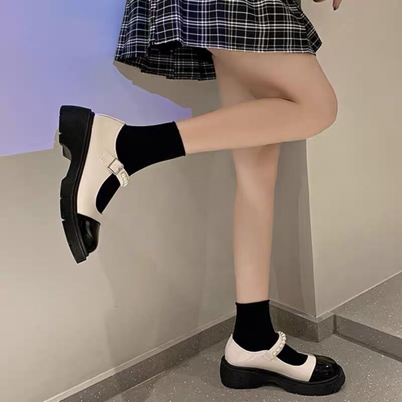 Giày Lolita quai ngọc da mềm,giày búp bê phong cách ulzzang đế cao 3-5P