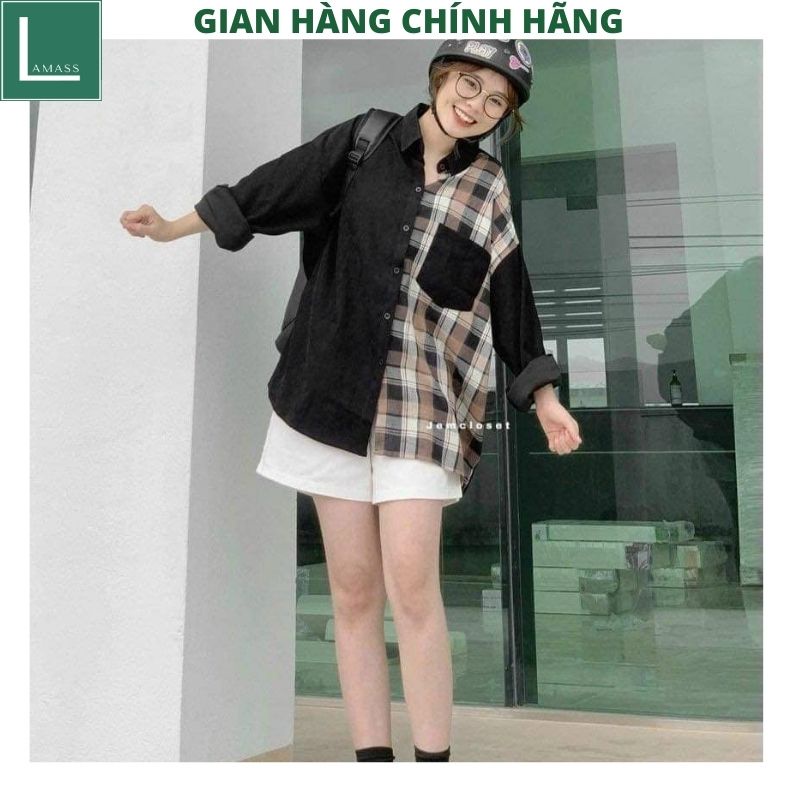 Áo sơ mi nữ phối kẻ caro túi hộp form to rộng unisex ulzzang cực xinh vitage -LAMASS