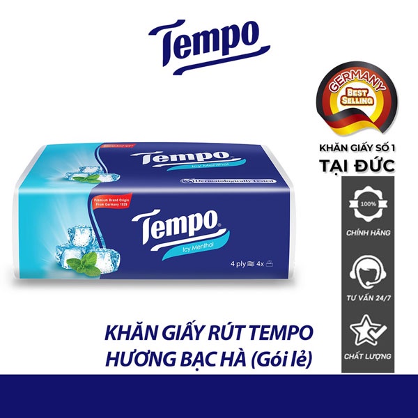 Gói khăn giấy rút Tempo cao cấp 4 lớp hương bạc hà siêu dai, giấy lụa mềm mịn không tẩy trắng.