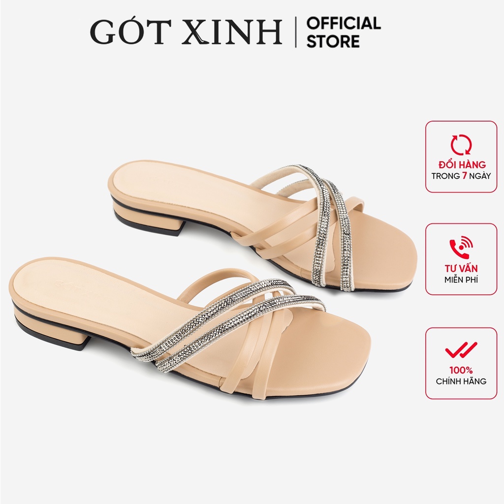 Dép cao gót nữ GÓT XINH D53 quai chéo đính đá đế cao 2cm