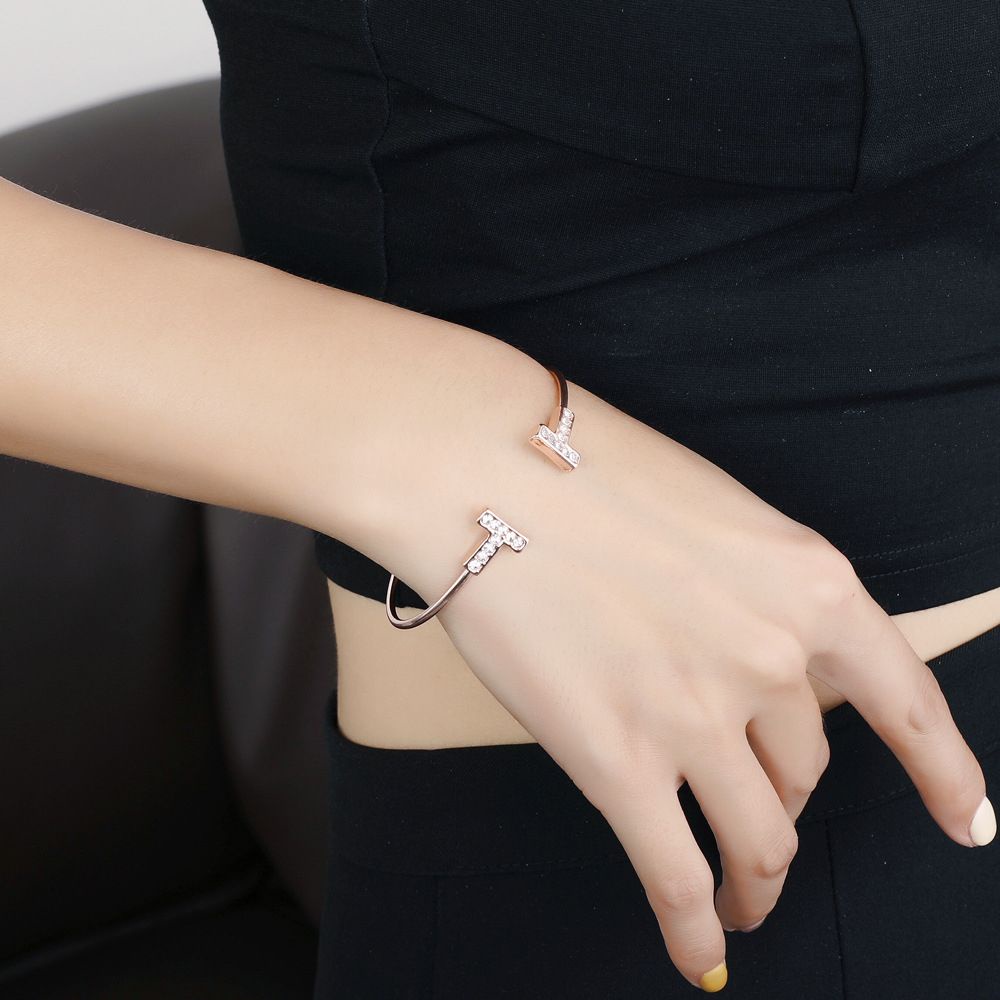 Vòng tay hợp kim hình chữ T đính đá nhiều màu thời trang Hàn Quốc cổ điển cho nữ