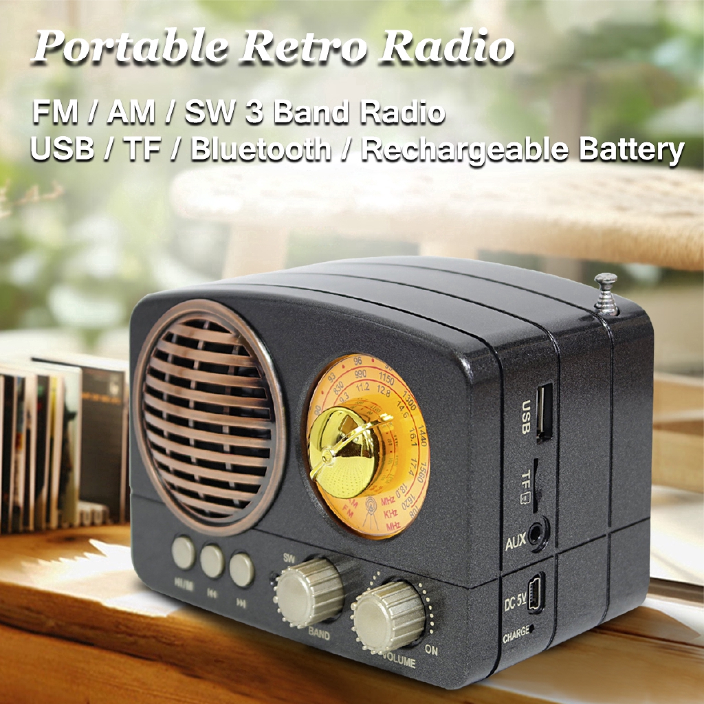MIni Portable Retro Radio Portable AM FM SW Receiver + Bluetooth USB TF ...