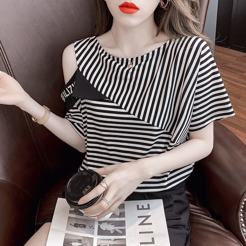 Áo thun dáng rộng tay ngắn hở vai kẻ sọc thời trang mùa hè mới 2021 h2021👗6 LAMUSELAND👗】hl