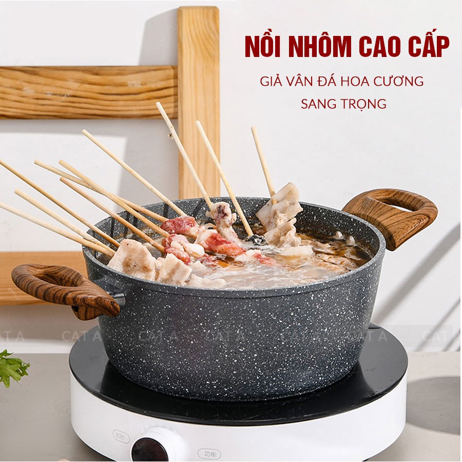 Nồi đáy từ vân đá  hợp kim nhôm cao cấp 3 đáy - Size 16,18,20,24cm, đa chức năng, phù hợp với mọi loại bếp!