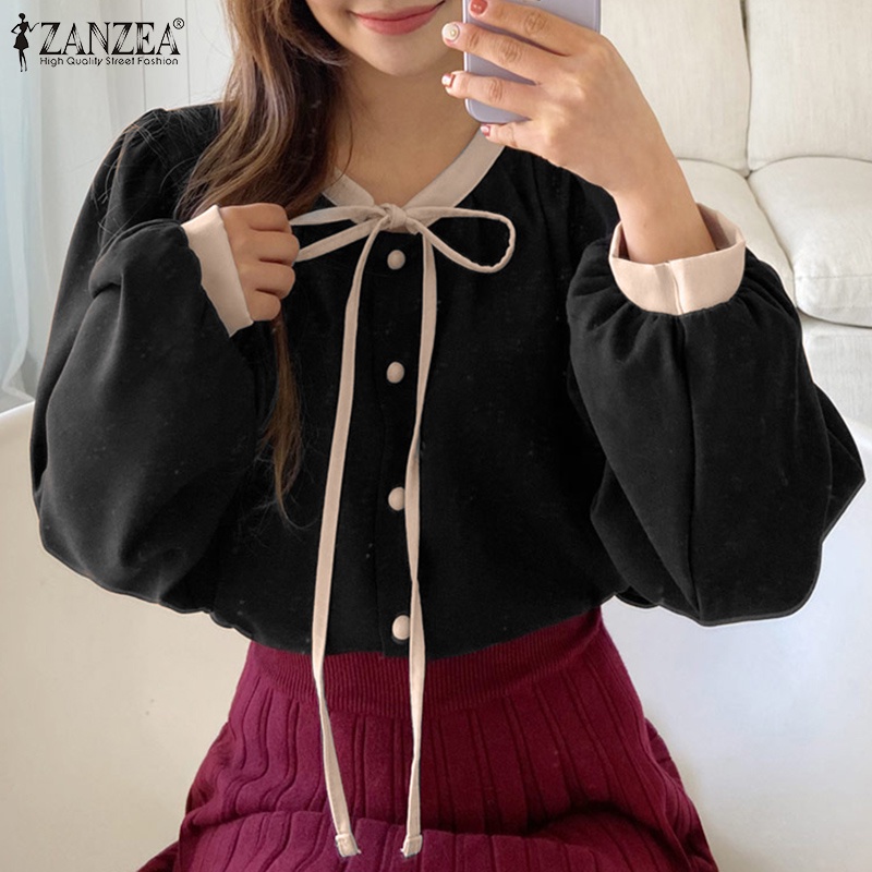 Áo kiểu ZANZEA tay dài cổ tròn phối nút và dây rút thời trang cho nữ