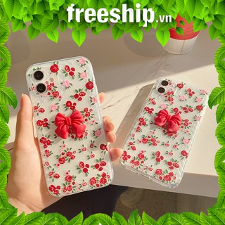 ốp lưng iphone gắn nơ 3d trên nền hoa hồng chất trong suốt rất đẹp cho iphone 12 promax b229