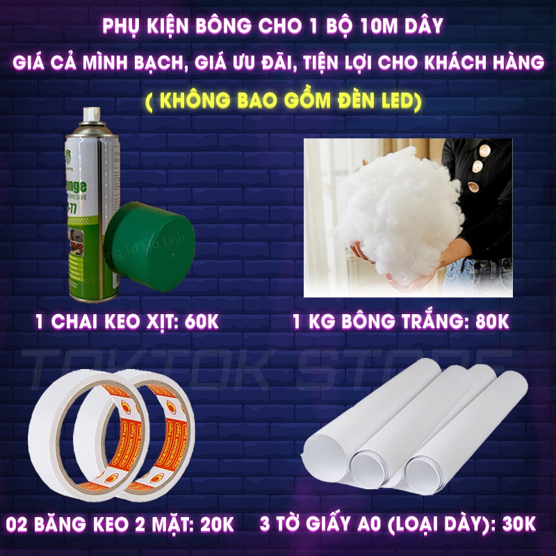 Đèn đám mây, phụ kiện bông làm đèn đám mây, đèn sấm chớp, bông chống bám bụi bẩn đầy đủ phụ kiện.