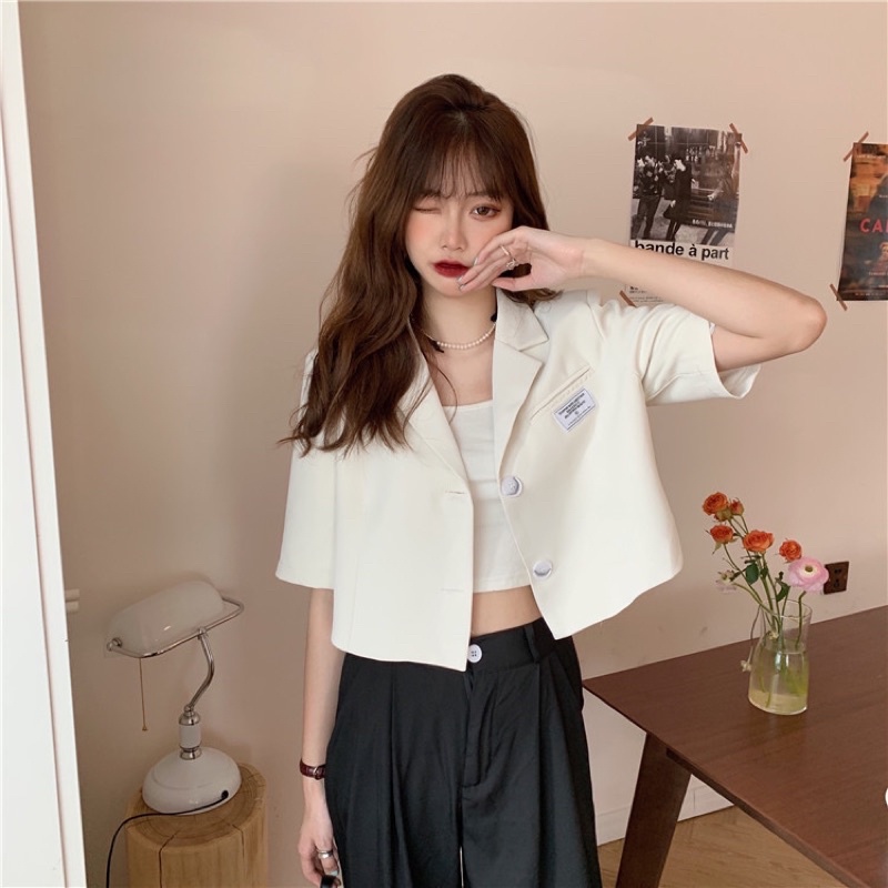 Áo Blazer ngắn tay thời trang Hàn Quốc 2021, áo blazer croptop trắng đen, chất mát, dễ phối đồ | BigBuy360 - bigbuy360.vn