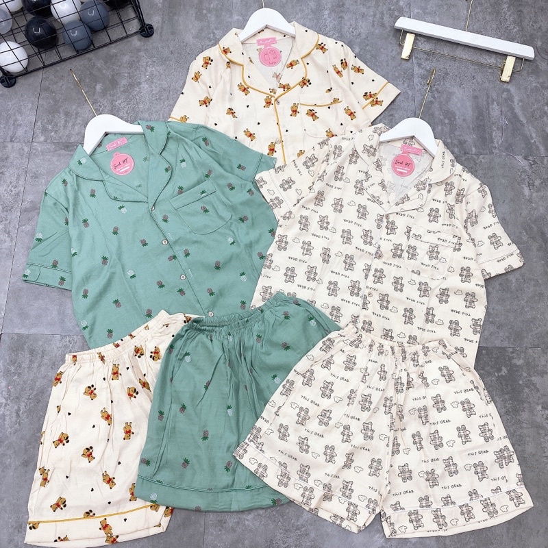 Đồ ngủ pijama bộ mặc nhà nữ cộc tay hàn quốc chất đũi mát dễ thương