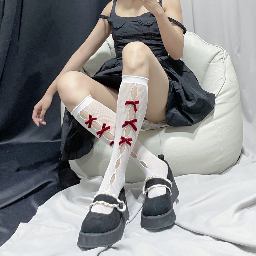 Đôi vớ dài đến đầu gối co giãn đính nơ phong cách lolita dành cho nữ
