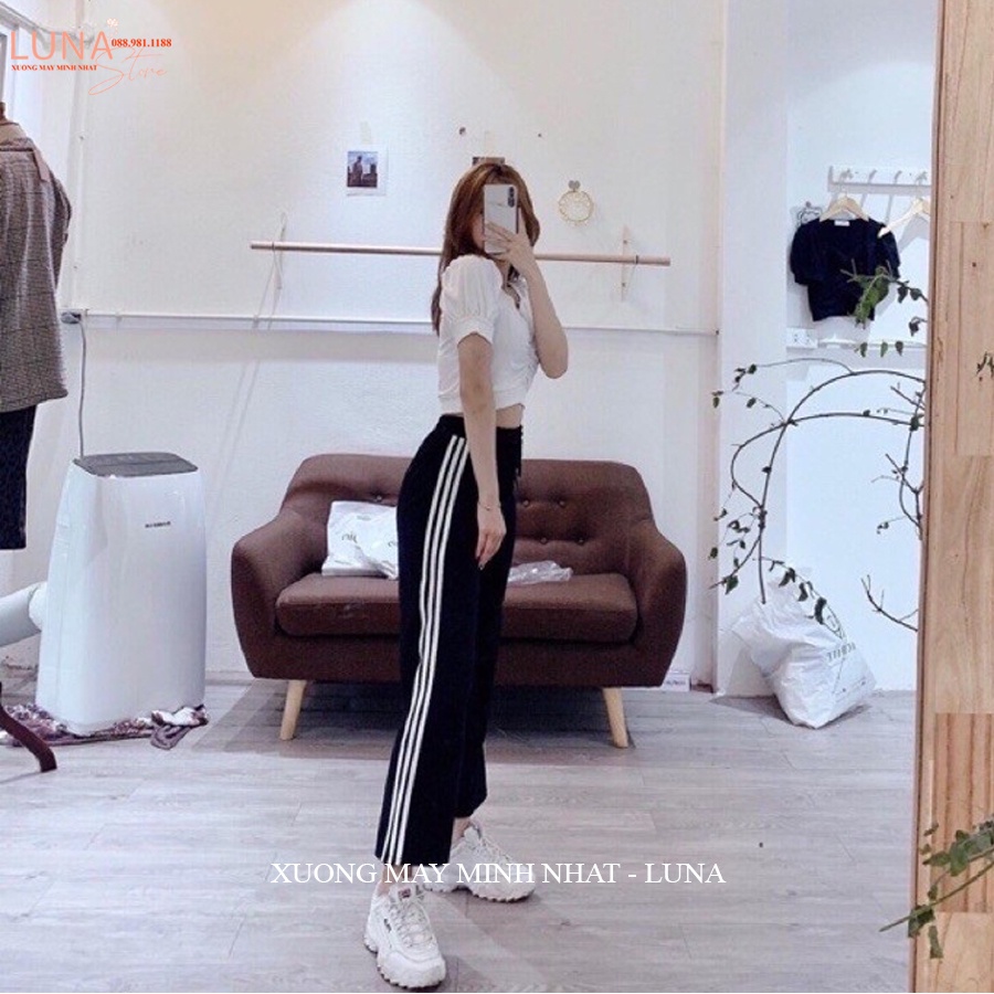 Quần thể thao 3 sọc nữ ống rộng viền kẻ sọc trắng có dây rút kéo - Quần thể thao ống suông dài nữ vải mềm đi học thể dục