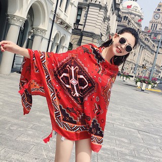 Khăn choàng boho đi biển (Khăn choàng thổ cẩm đỏ) - Mã LN002