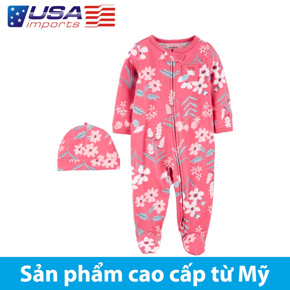 Đồ dài, đồ ngủ cotton hồng hoạ tiết hoa khoá kéo 2 đầu kèm nón Car-tờ Auth Từ Mỹ (1L778210)