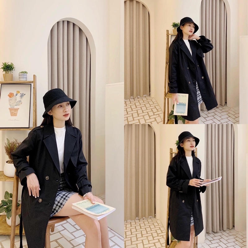 trench coat tay cài đen