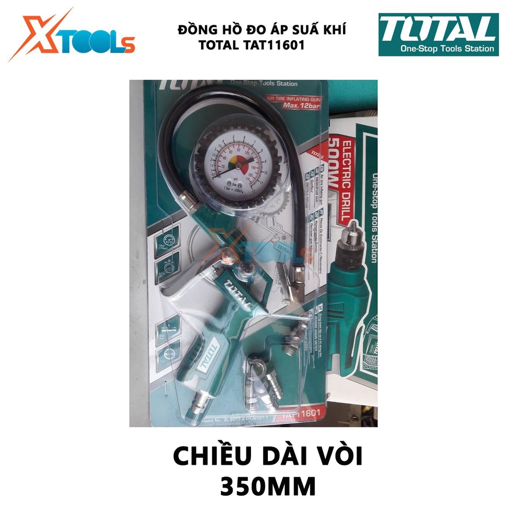 Đồng hồ đo áp suất khí Total TAT11601 Dụng cụ bơm hơi khí có đồng hồ Áp lực 12bar(174psi) Chiều dài vòi 350mm