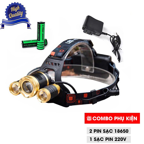 Đèn Pin Đội Đầu siêu sáng 3 bóng T6 Vàng Tặng Kèm 2 Pin Sạc Cao Cấp