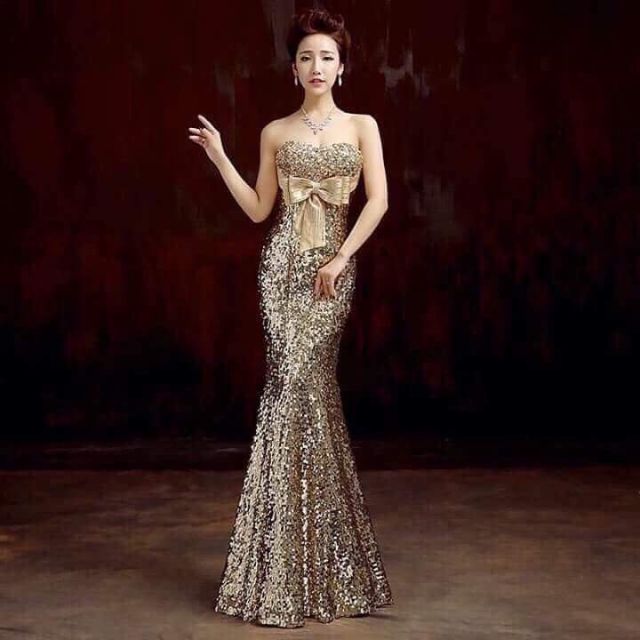 Đầm dạ hội tay cúp ngực kim sa