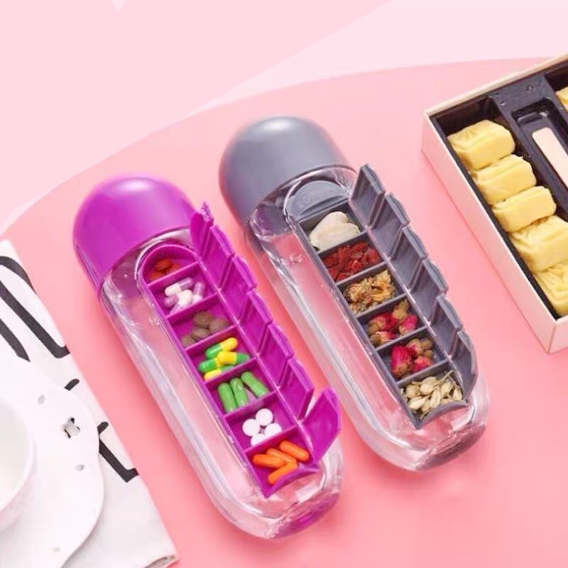 Bình Nước Nhựa Thể Thao Cute Đa Năng 500ml, Bình đựng Nước nhựa cho bé có khay đựng thuốc 2 trong 1.