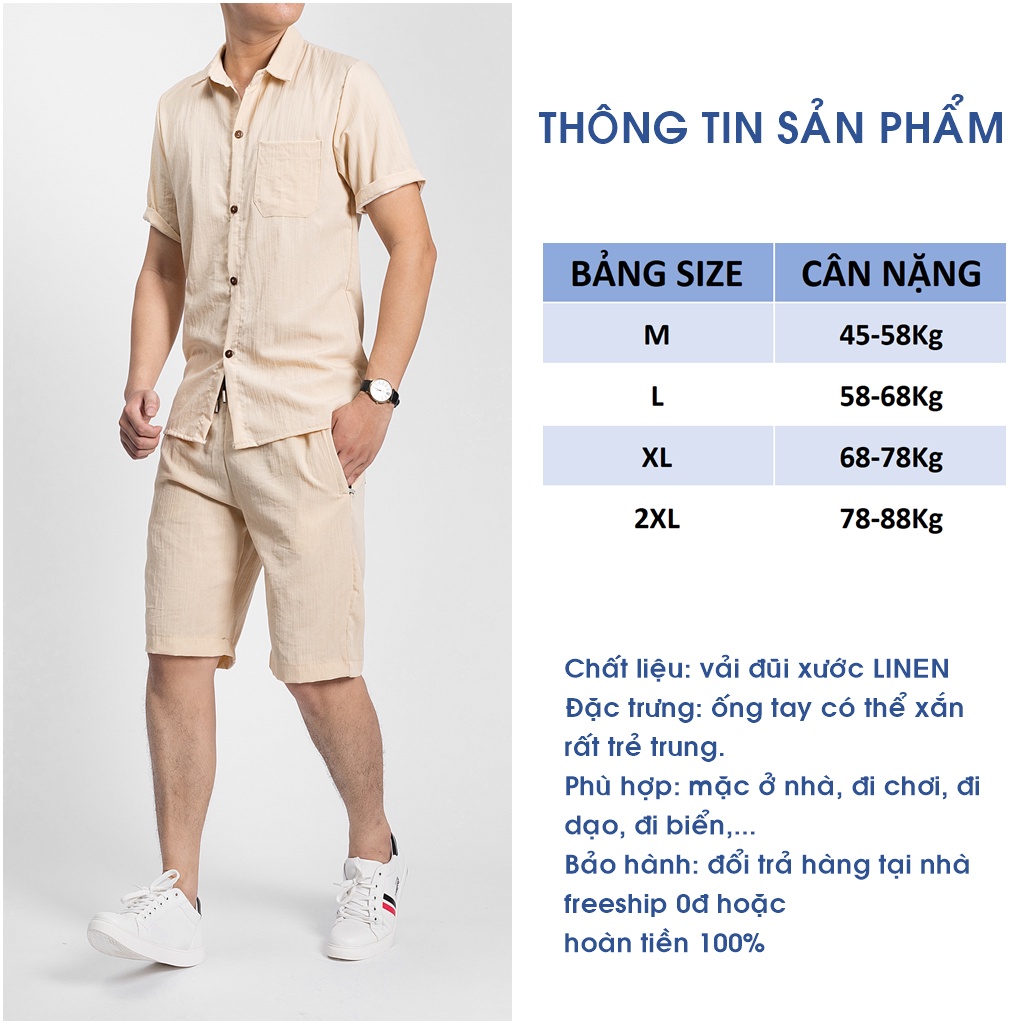 Bộ đũi nam cao cấp TURATY bộ quần áo vải đũi xước LINEN áo cộc tay có túi ngực mặc ở nhà đi biển mùa hè đều đẹp