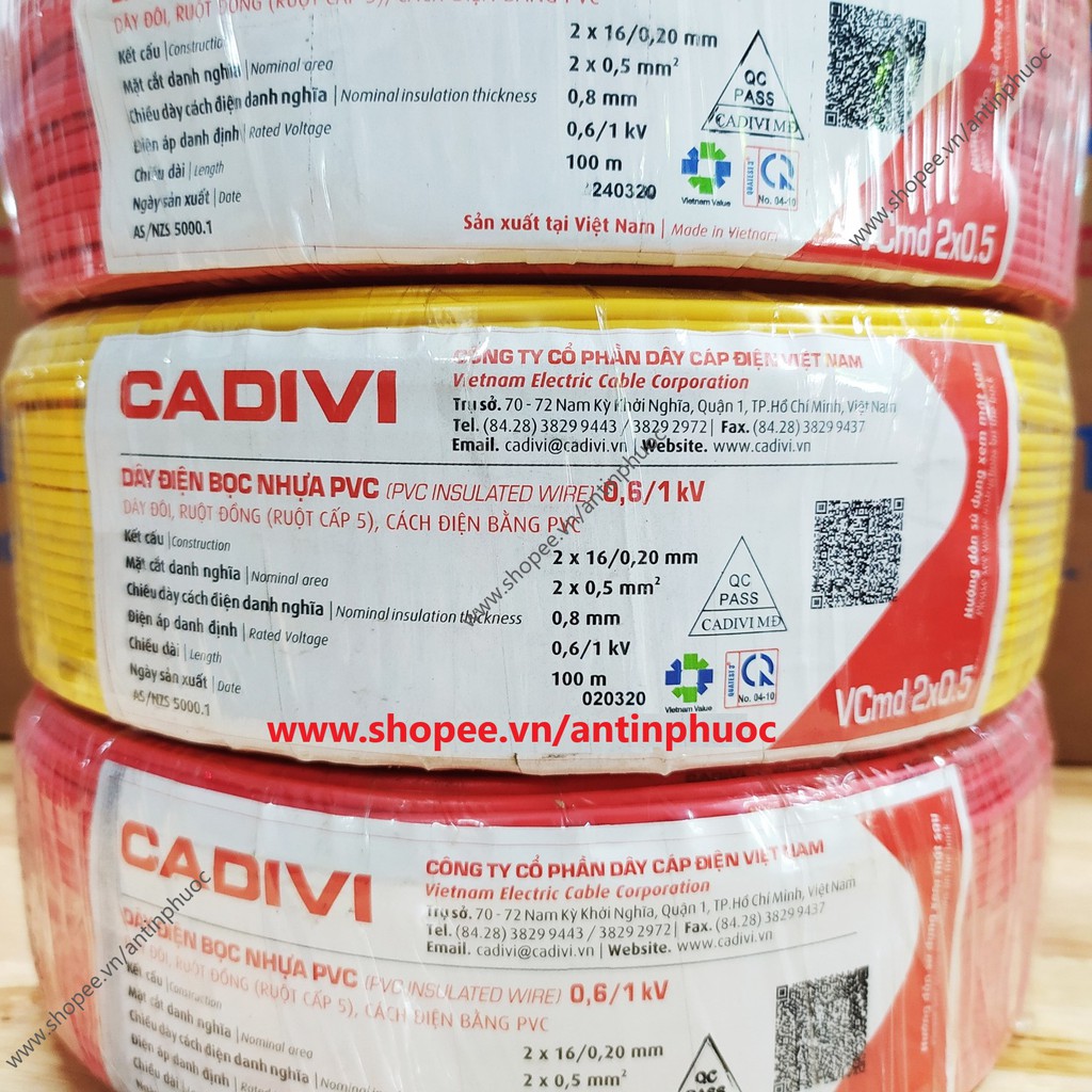 Dây điện đôi cadivi 2x0.5 mm (2x16)- cuộn 100 mét , dây điện đôi mềm 1 lớp vỏ