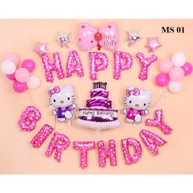 Set bóng sinh nhật kitty hồng cho bé gái