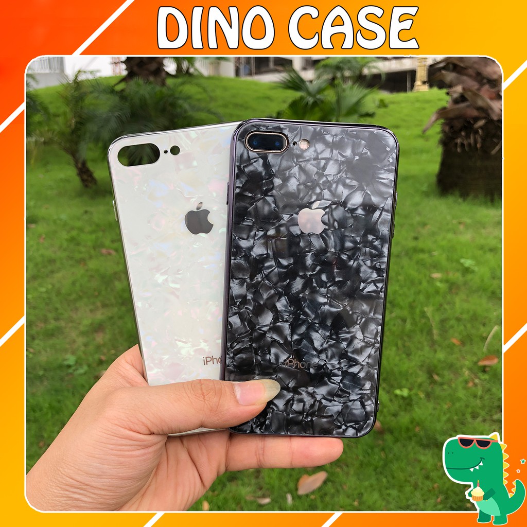 Ốp Lưng Kính Cường Lực Vân Đá Siêu Bền- Viền Silicon Đồng Màu Iphone 6 đến ProMax Dino Case