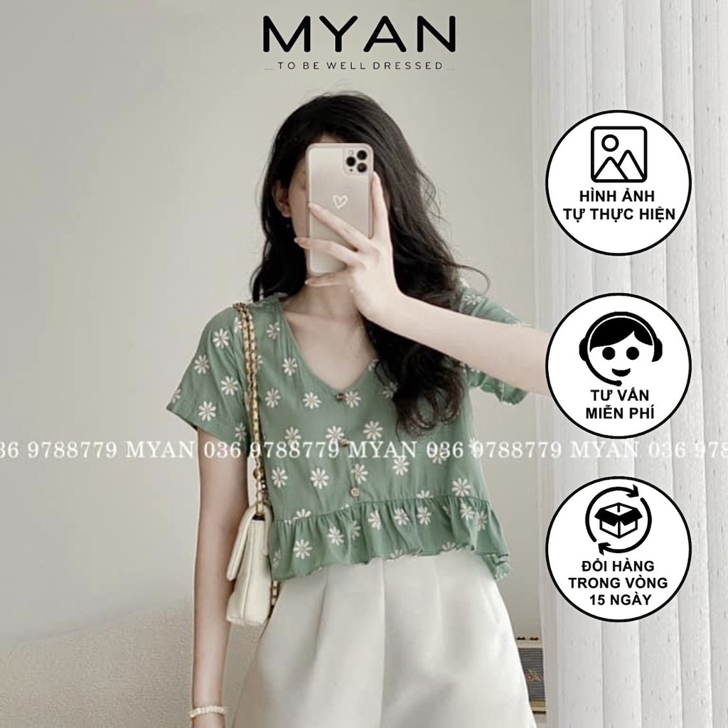 Áo Croptop Hoa Trắng Cổ Tim Bèo Gấu Chất Lụa (Cam, Xanh Mint) MYAN - Avn042209
