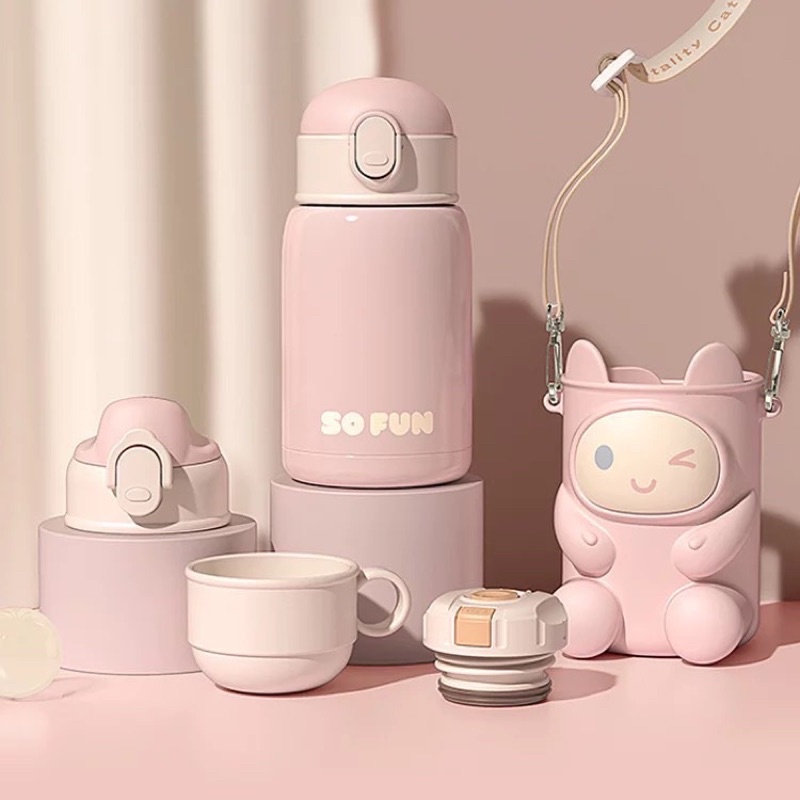 (HÌNH THẬT)Bình giữ nhiệt cao cấp cho bé, có thêm 3 nắp, túi đeo và hộp + túi đựng làm quà tặng.