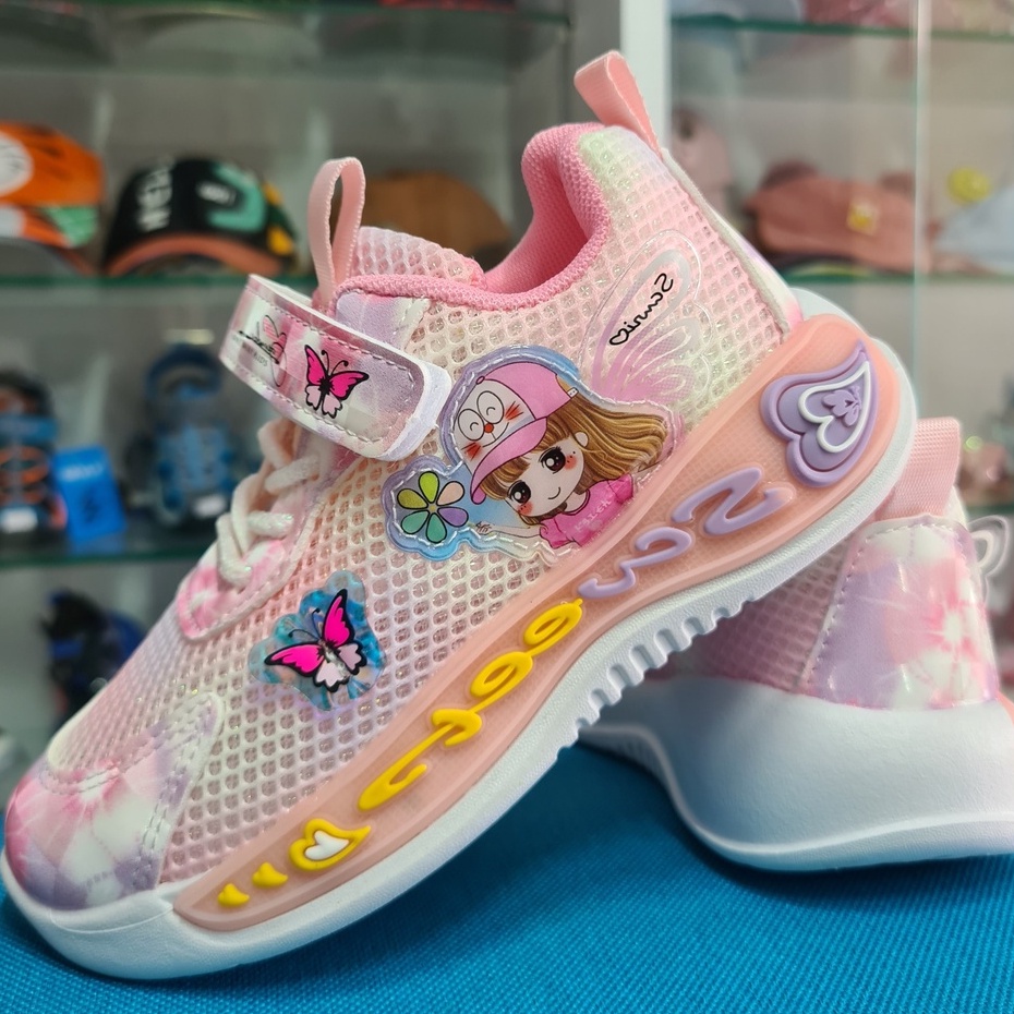 Giày thể thao bé gái đi học, giày bé gái hình công chúa lưới thông thoáng chân, đế siêu nhẹ và êm
