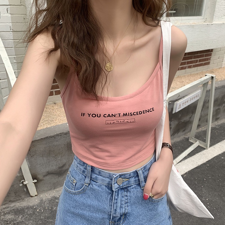 Áo 2 dây croptop Cổ chữ U In chữ Mùa Hè Đi biển Ulzzang Hàn Quốc Áo dây nữ Cao cấp phối Blazer Thời trang