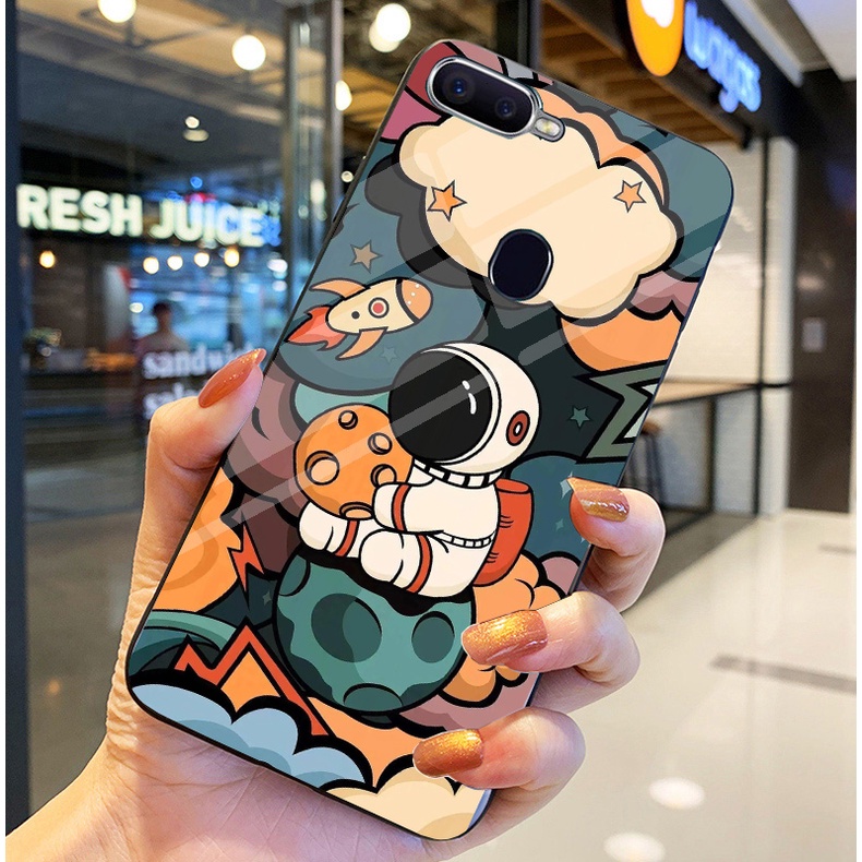 Ốp Lưng OPPO A12, A7, A5S, F9 Ốp kính bóng cao cấp Phi Hành Gia