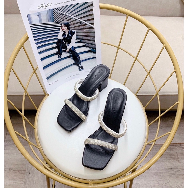 Dép cao gót 2 quai đá to gót vuông da lì 6p chắc chân sang xịn