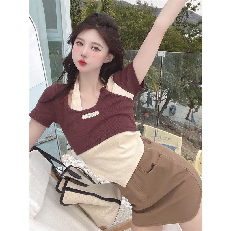 Áo sweater Giả Hai Lớp Dáng Ngắn Phối Khóa Kéo Thời Trang Cho Nữ
