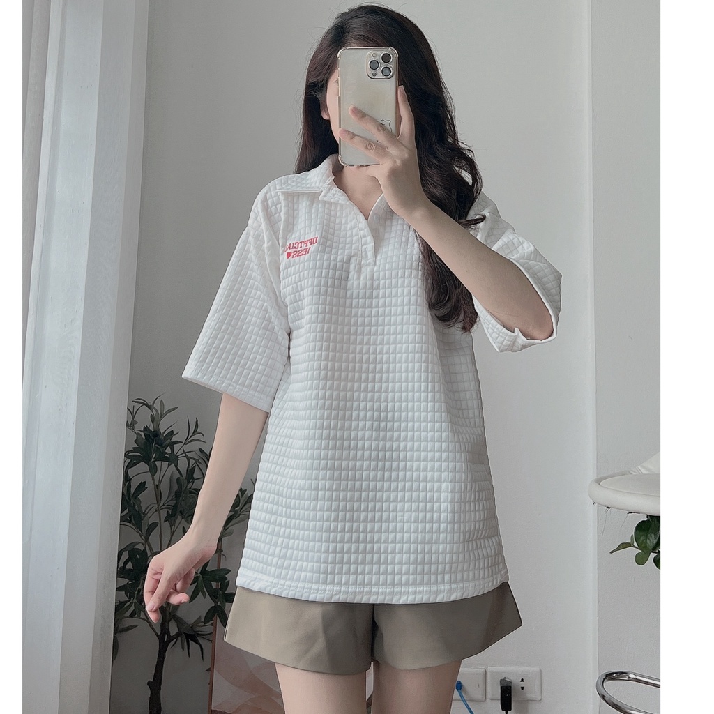 Áo Polo Thun Xốp 1Ess PEONYB Nữ [FREESHIP]  Phông form rộng tay lỡ thêu chữ đỏ 3158 kiểu đường phố hàn quốc Ulzzang