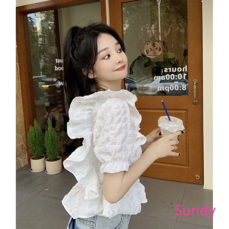 Áo Kiểu Tay Phồng Cổ Vuông Xếp Ly Phong Cách Pháp Thời Trang Hè Cho Nữ