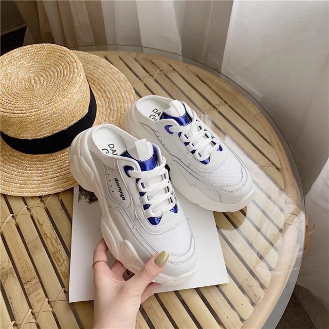Sục thể thao da thật nâng đế 5p - Giày thể thao sneaker trắng đạp gót nữ hàng cao cấp