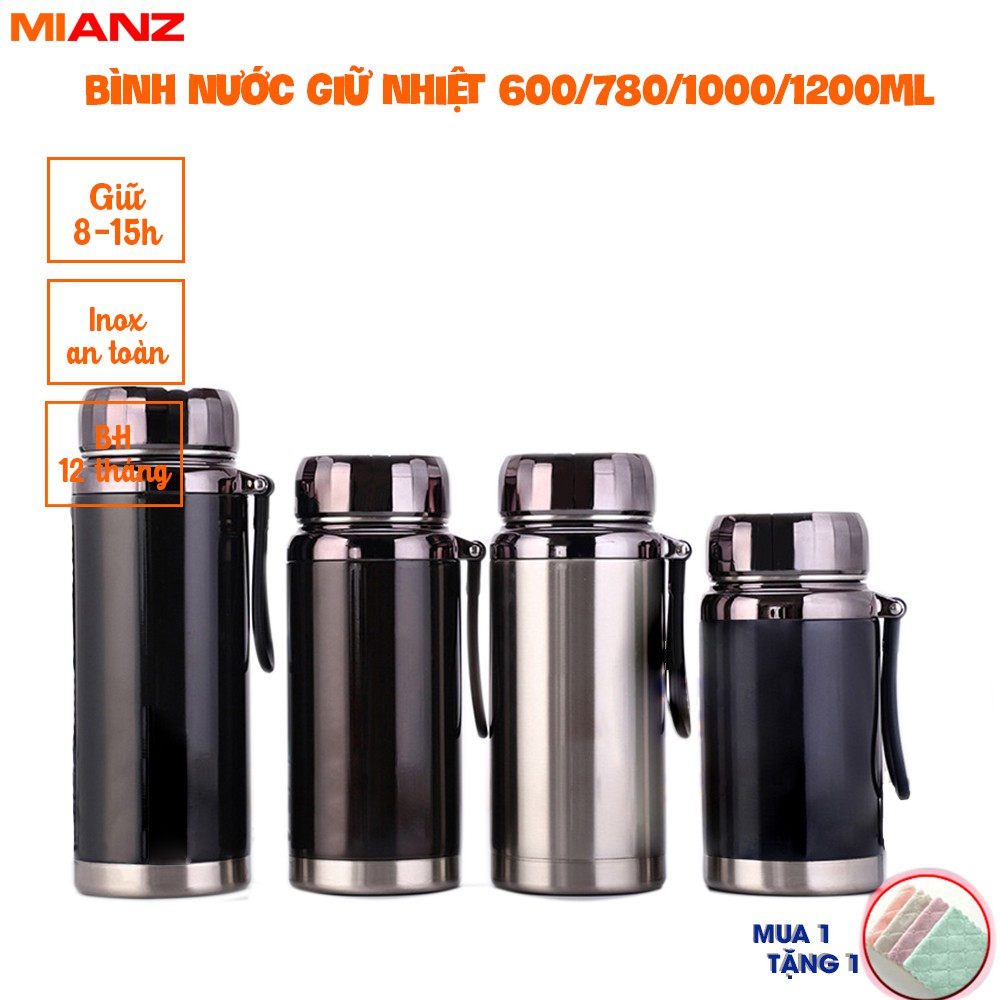 Bình nước giữ nhiệt 8-15h Mianz Store - Dung tích 600/780/1000/1200ML - MUA 01 TẶNG 01 - INOX cao cấp