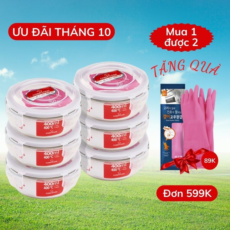 Bộ 6 Hộp Thủy Tinh COBACOOK Đựng Thực Phẩm Trữ Đồ Ăn Trong Tủ Lạnh Thủy Tinh Hình Tròn 400 ml- CCR46