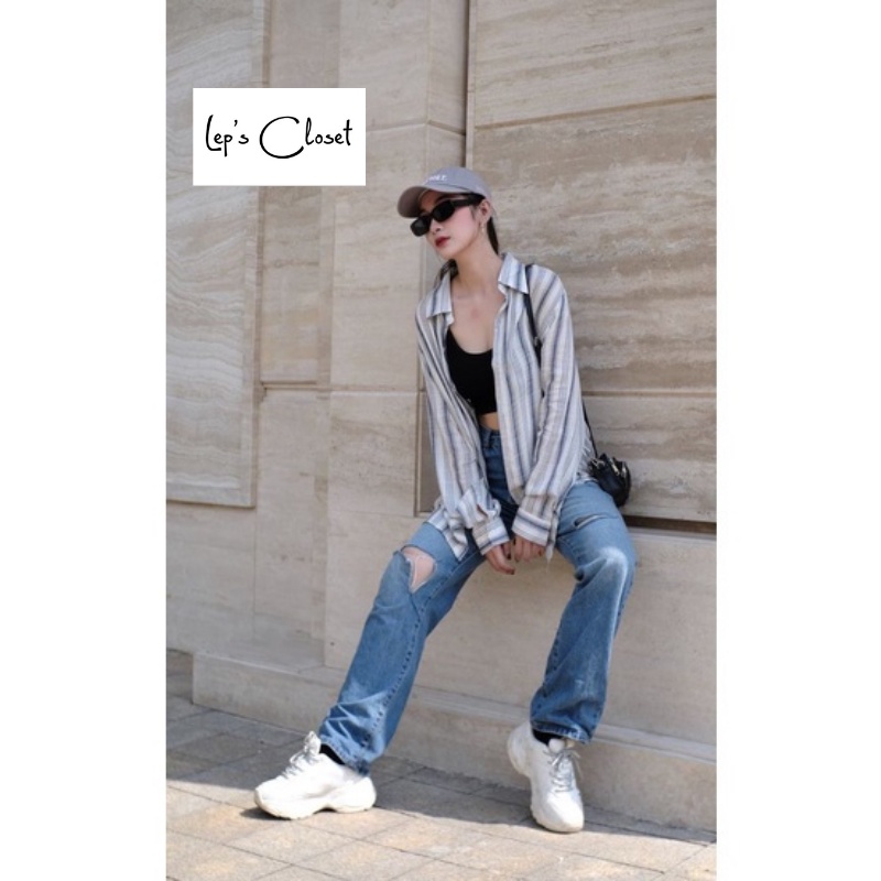 Áo sơ mi nữ Cotton sọc tay dài , áo sơ mi giấu quần khoát ngoài cá tính