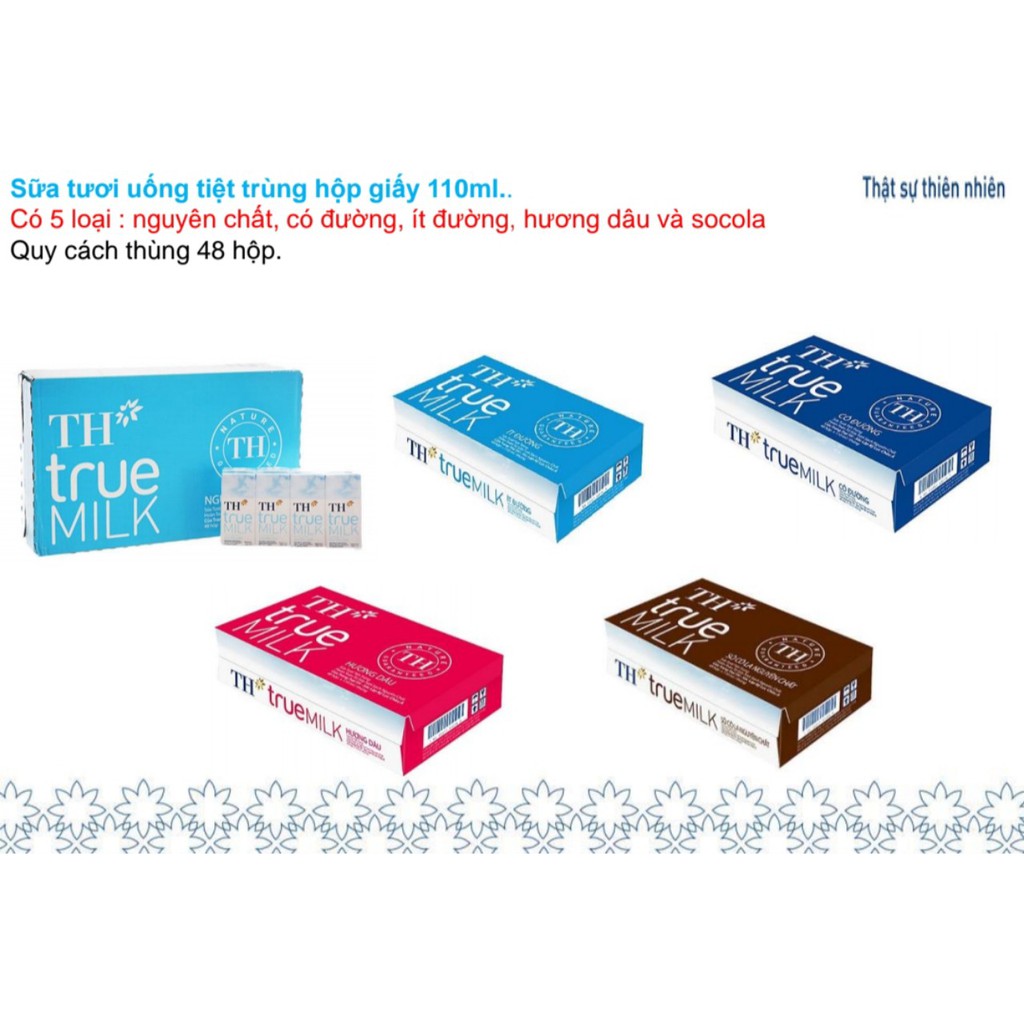 Sữa tươi tiệt trùng TH True Milk 110 mlx48 hộp ( Có Đường / Ít Đường / Nguyên Chất / Dâu / Sôcola / Đủ mùi )