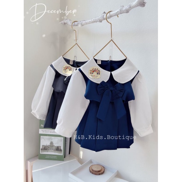 Set Bộ Bé Gái 💥 Hottend Set Đồng Phục Áo Sơ Mi Phối Nơ + Chân Váy Xếp Ly Sanh Chảnh (10-20kg)