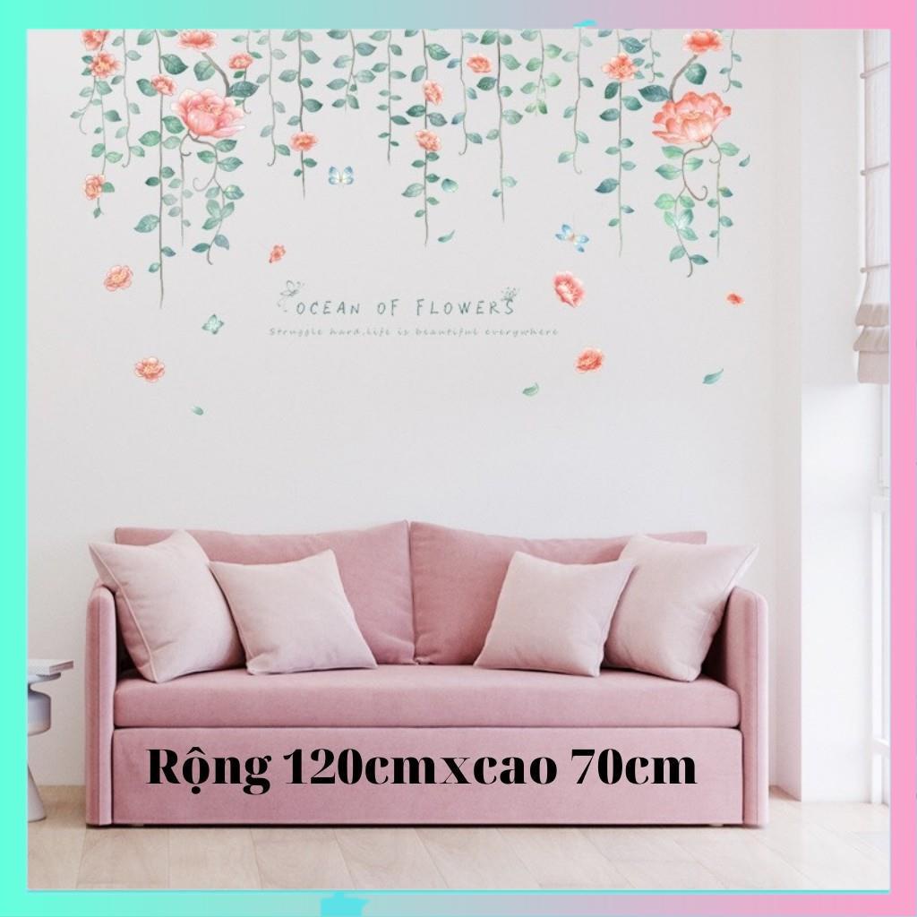 Decal dán tường dây hoa leo hồng, Tranh dán tường dây hoa leo hồng, trang trí phòng ngủ, phòng khách