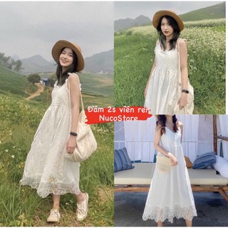 Đầm midi trắng 2s viền ren - Váy 2 dây tiểu thư phối ren