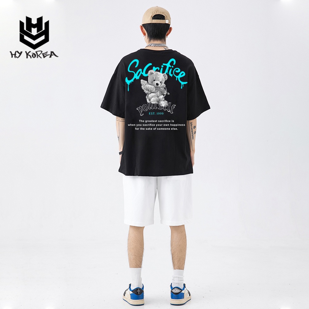 Áo Phông Tay Lỡ Unisex HY Korea Form Rộng Cotton 100 In Hình Gấu Sacrifiee 568.