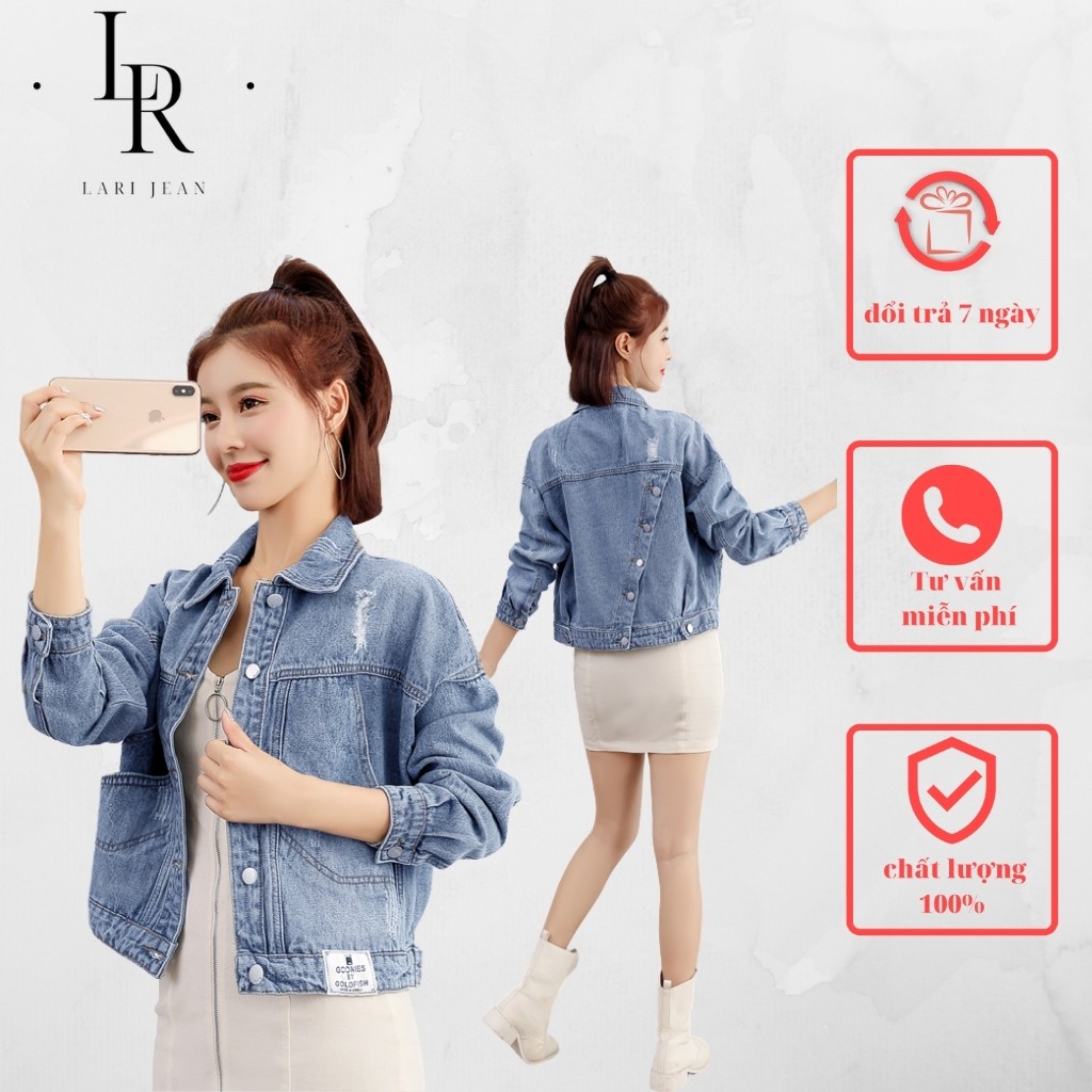 Áo khoác jean nữ kiểu chéo sau, áo khoác bò form ngắn crotop chất vải denim dày dặn, cao cấp cực đẹp - Lari jean - Hàng