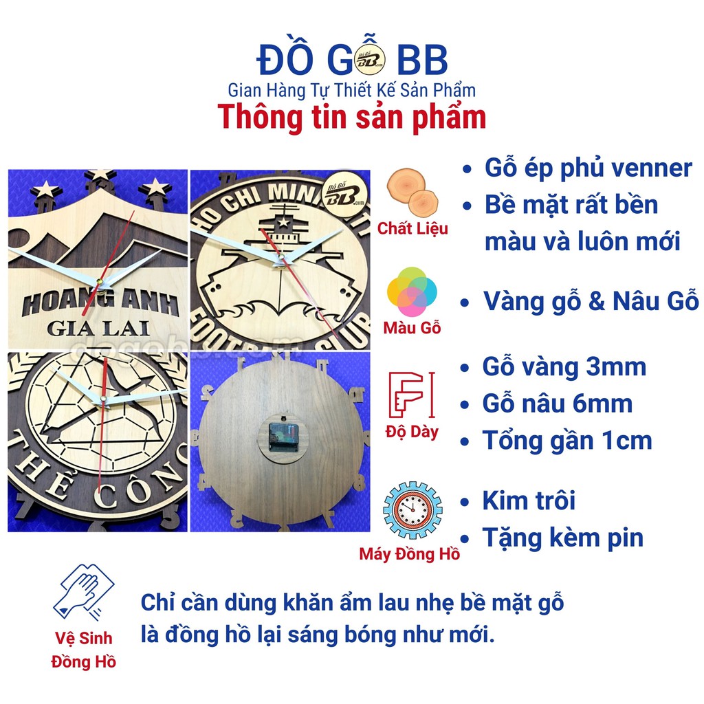 Đồng Hồ Treo Tường Logo 14CLB Bóng Đá Vleague Hà Nội Viettel Hoàng Anh Gia Lai Nam Định Hải Phòng Quảng Ninh SLNA-ĐồGỗBB