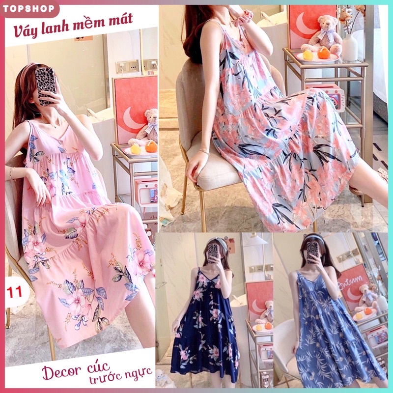 (Sẵn) Váy lanh, váy ngủ mềm mát hoạ tiết trẻ trung, trang nhã