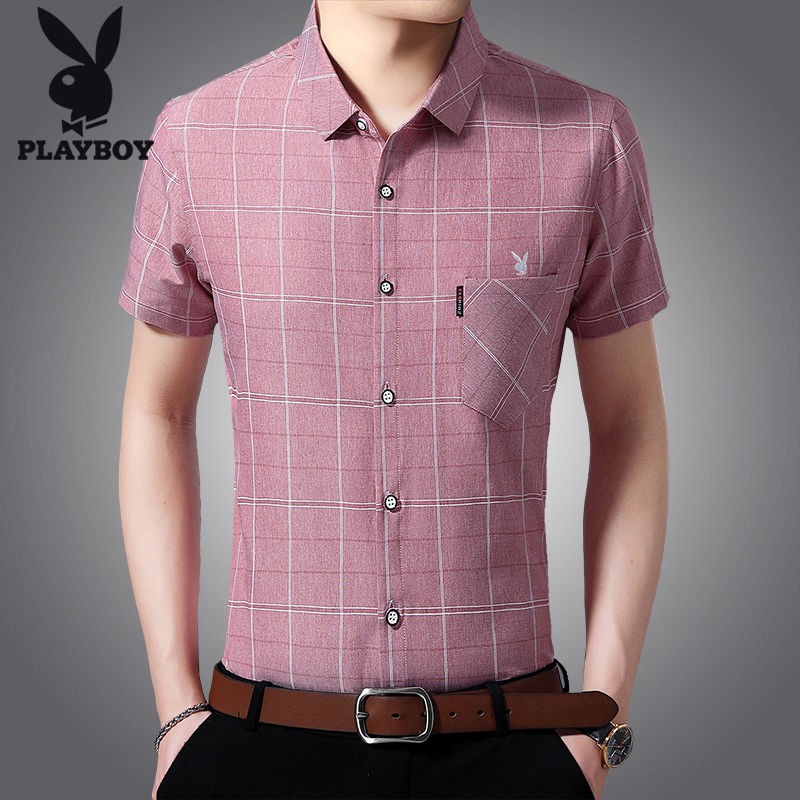 Quần áo trung niên✐❏Playboy Áo sơ mi kẻ sọc mỏng ngắn tay mùa hè 2020 Nam không nóng phong cách Hàn Quốc dành1